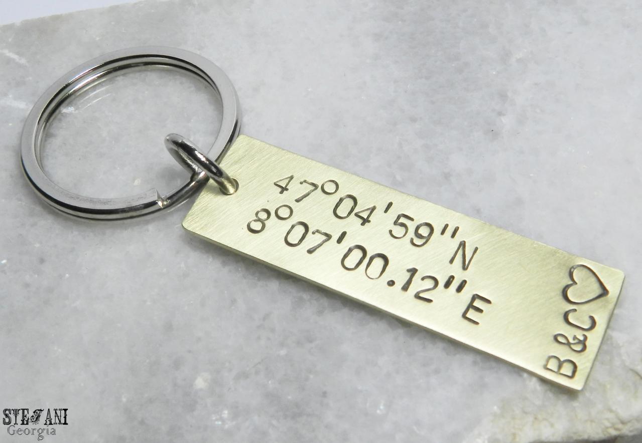 Personalized Brass Coordinates Tag Keychain.valentines Day.fathers Day Gift.initial Keychain.brass Mens Gift. Unisex. Longitude-latitude