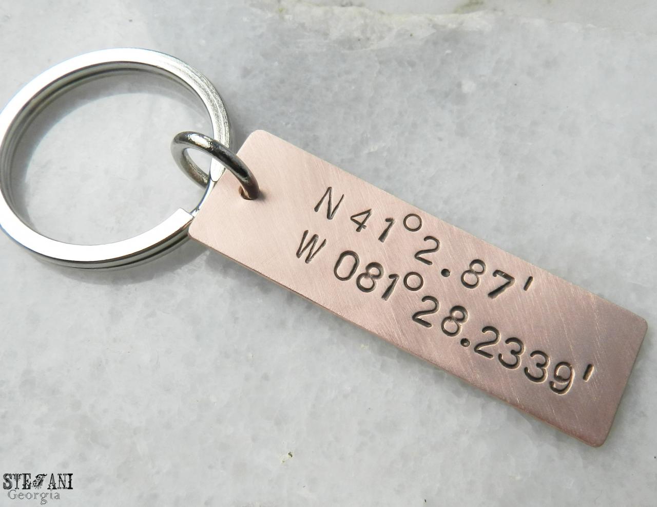 Personalized Copper Coordinates Tag Keychain.valentines Day.fathers Day.initial Keychain.nickel Silver Mens Gift. Unisex. Longitude-latitude