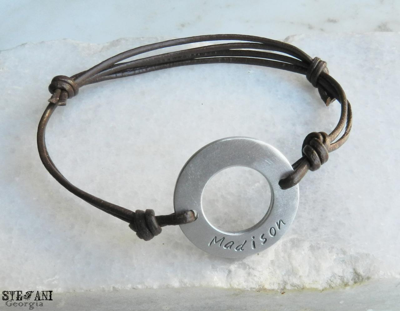 Personalized One Side Stamped Aluminum Washer Leather Bracelet. Mens Custom Leather Bracelet.hand Stamped. Adjustable Engraved