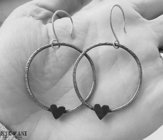 Large Oxidized Hammered Mix Metal Heart Hoops. Heart Earrings. Hammered Heart Hoops. Dangle Earrings. Black Heart Earrings. Sterling Silver.