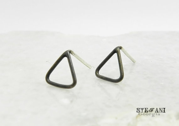 Tiny Oxidized Sterling Silver Open Triangle Stud Earrings.open Triangle Earrings.unisex Posts. Oxidized Earrings.mens Earrings. Geometric.