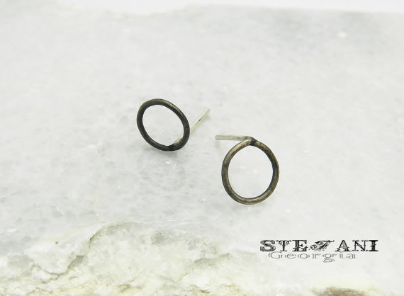 Tiny Sterling Silver Oxidized Open Circle Stud Earrings. Small Circle Post Earrings,sterling Silver Simple Black Post Earrings. Black Earrings.