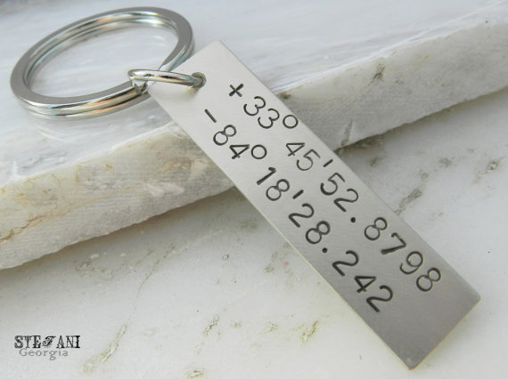 Personalized Nickel Silver Coordinates Tag Keychain.valentines Day.fathers Day.initial Keychain.nickel Silver Mens Gift. Longitude-latitude