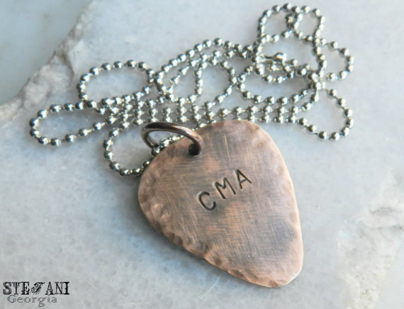Personalized Oxidized Copper Guitar Pick Necklace, Silver Ball Chain.mens Custom Leather Necklace.hand Stamped. Hammered Initials Necklace.