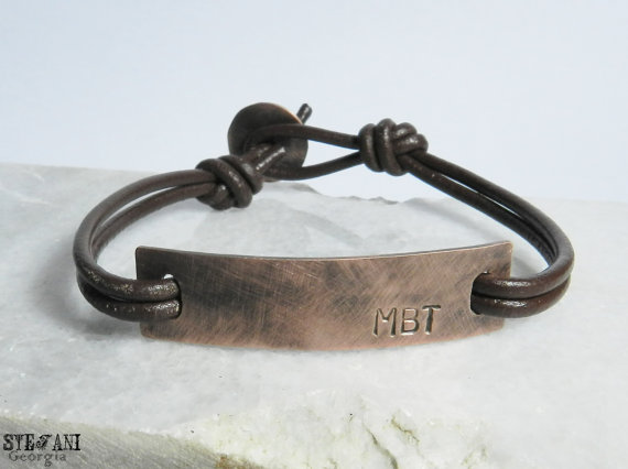 Personalized Oxidized Copper Tag Leather Bracelet. Initials Bracelet. Custom Made Bracelet. Mens Engraved Bracelet. Copper Id Bracelet.