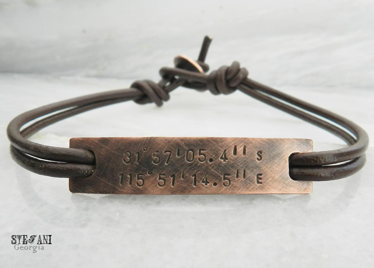Personalized Oxidized Copper Tag Leather Bracelet.coordinates Bracelet. Mens Engraved Id Bracelet. Anniversary Gift. Unisex Bracelet.